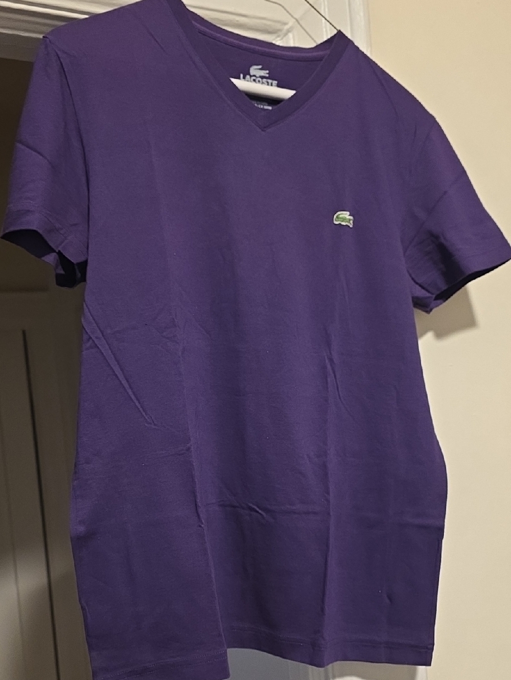 Lacoste Men’s V-Neck Short Sleeve Tee in Purple with Green Logo
